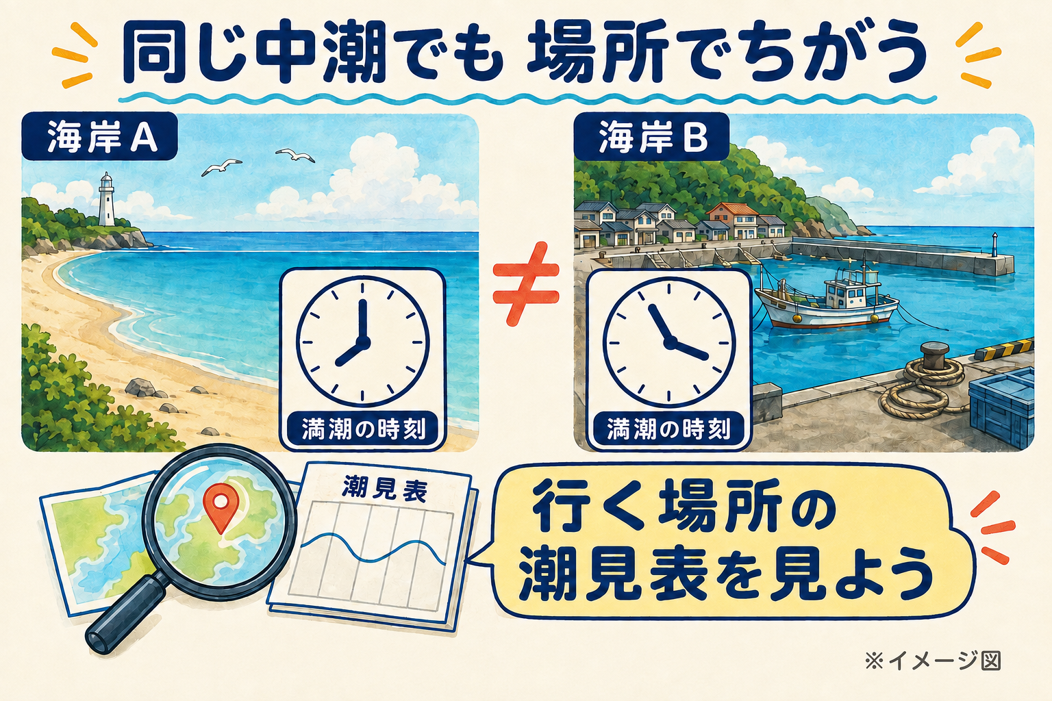 同じ中潮でも海岸Aと海岸Bで満潮の時刻が異なることを示す図。時計は説明用で、行く場所の潮見表を確認する。