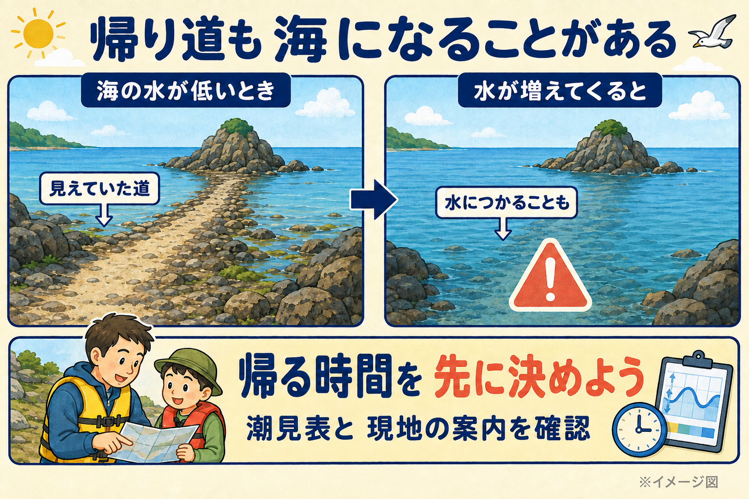 同じ岩場の帰り道を、水が低いときと増えたときで比較した図。道が水につかることがあるため、帰る時間を先に決め、潮見表と現地の案内を確認する。