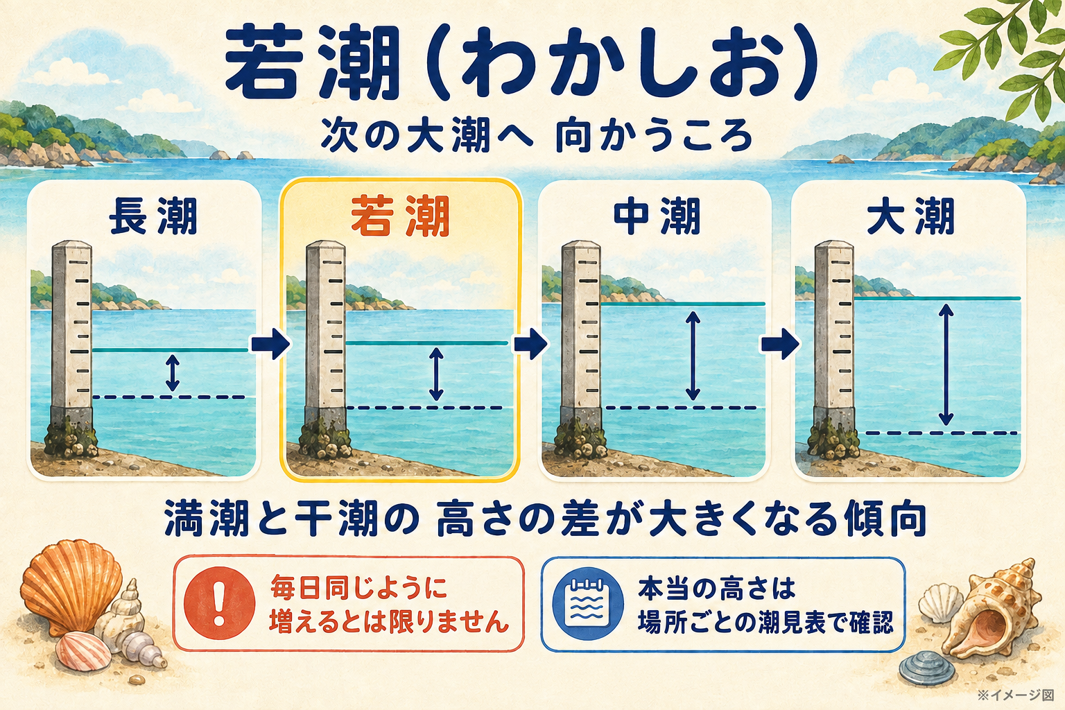 若潮から中潮を経て大潮へ向かう、満潮と干潮の高さの差の一般的な傾向を示す図。実際の高さや増え方は場所ごとに異なる。