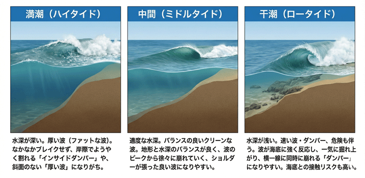 潮位（タイド）の違いがサーフィンの波質に与える影響を比較した3つの海の断面図イラスト。左から「満潮（ハイタイド）」は水深が深く割れづらい厚い波、「中間（ミドルタイド）」は適度な水深でバランスの良いクリーンな波、「干潮（ロータイド）」は水深が浅く危険なダンパー波になる様子が描かれ、それぞれの特徴がテキストで解説されている。