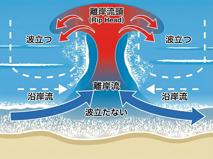 離岸流が発生する仕組みを示す図。岸に打ち寄せた波が左右からの沿岸流となり、中央で合流して沖に向かう強い流れ「離岸流」となっている様子が矢印で描かれている。離岸流が発生している場所は波が立っていないことが示されている。