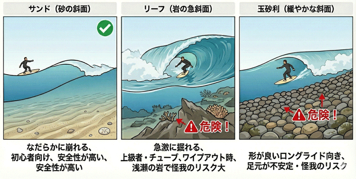 図解「海底地形と波の割れ方：危険性への注意（修正版）」。3つの異なる海底地形（サンド、リーフ、玉砂利）が波の形とサーフィンの危険性にどう影響するかを比較したイラスト。 左の「サンド（砂の斜面）」は、水中に砂紋や貝殻が見え、なだらかに崩れる波にサーファーが安全に乗っている。緑のチェックマークとともに「初心者向け、安全性が高い」とある。 中央の「リーフ（岩の急斜面）」は、ゴツゴツした岩とサンゴの海底で、急激に掘れるチューブ波を上級者が滑っている。水中の岩に「危険！」マークがあり、「ワイプアウト時、浅瀬の岩で怪我のリスク大」と警告されている。 右の「玉砂利（緩やかな斜面）」は、丸い石の海底で、形の良い波にサーファーが乗っている。足元の石に「危険！」マークがあり、「足元が不安定・怪我のリスク」と注意書きがある。