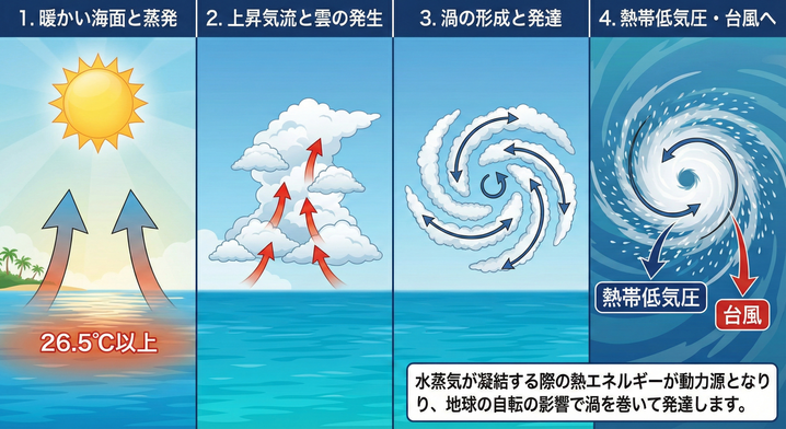図解：台風が発生するまでの4段階のプロセス。暖かい海面(26.5℃以上)からの水蒸気蒸発、上昇気流による雲の発生、地球の自転による渦の形成と発達、そして熱帯低気圧から台風へと成長する様子を示したイラスト。