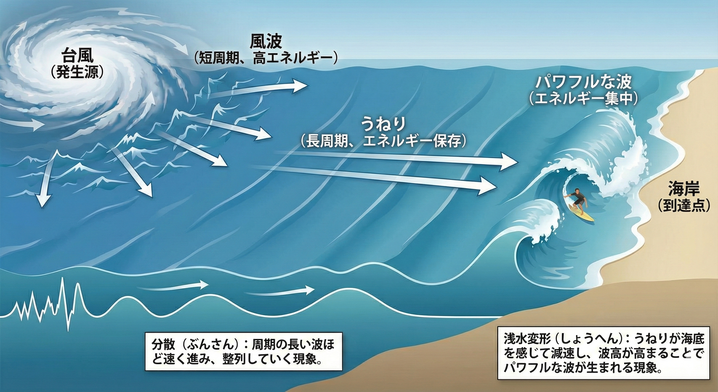 図解：台風から発生した風波が、長周期のうねりとなって分散しながら進み、海岸で浅水変形を起こしてパワフルな波になるまでの仕組み