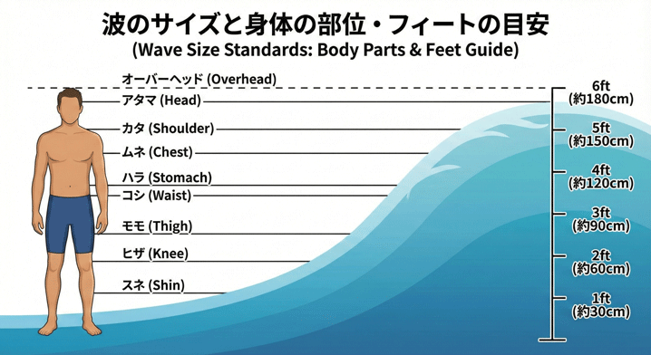 波のサイズと身体の部位・フィートの目安の図解。人の体の各部位（スネ、ヒザ、モモ、コシ、ハラ、ムネ、カタ、アタマ）と波の高さの関係、およびフィート（ft）での目安が示されている。