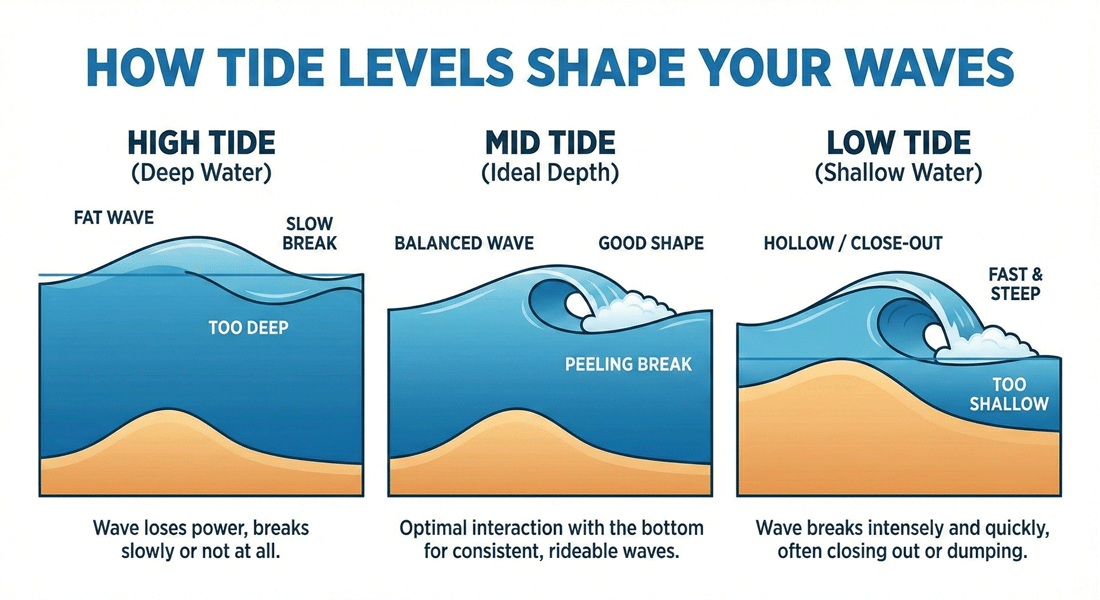 Illustration comparing how High, Mid, and Low tides affect wave shapes. High = Fat/Slow, Mid = Balanced, Low = Hollow/Close-outs.