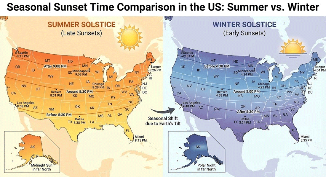 Seasonal Sunset Changes in the US: Summer vs. Winter
