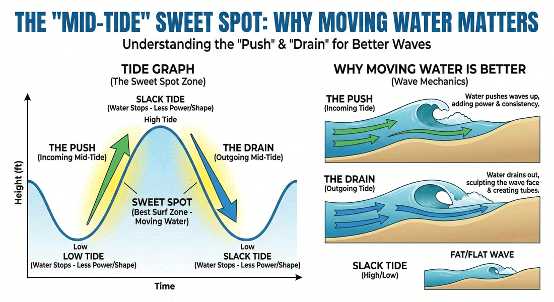 Diagram showing the 'Push' and 'Drain' - the best time to surf during a moving tide.